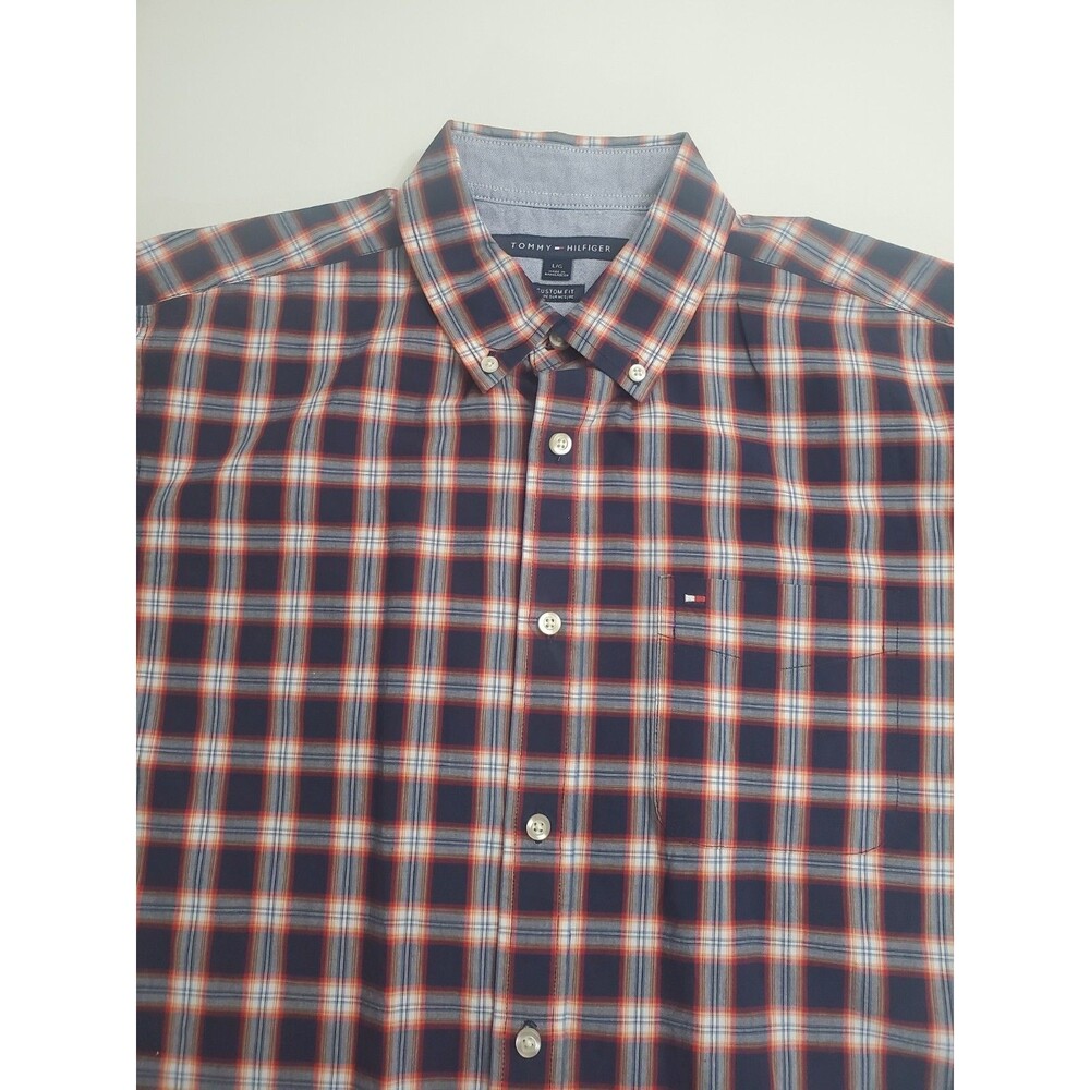 Tommy Hilfiger Men's Short Sleeve Custom Fit Button Casual Plaid Shirt, Large